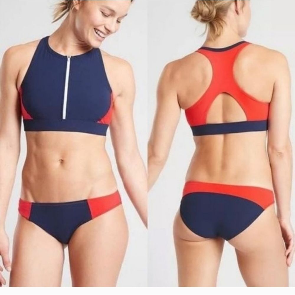 Athleta Colorblock Zip Front Bikini 446691 Navy Orange Small